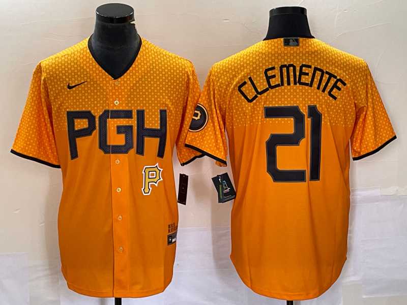 Men's Pittsburgh Pirates #21 Roberto Clemente Gold 2023 City Connect Stitched Jersey 1,We sell and wholesale Men's Pittsburgh Pirates #21 Roberto Clemente Gold 2023 City Connect Stitched Jersey 1 on line form chian!